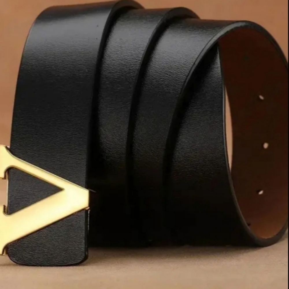 Stylish Gold / Silver V Buckle Black Genuine Leather Belt, Unisex Size L/XL